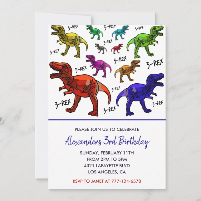 Trois rex invitation d'anniversaire colorée garçon (Devant)