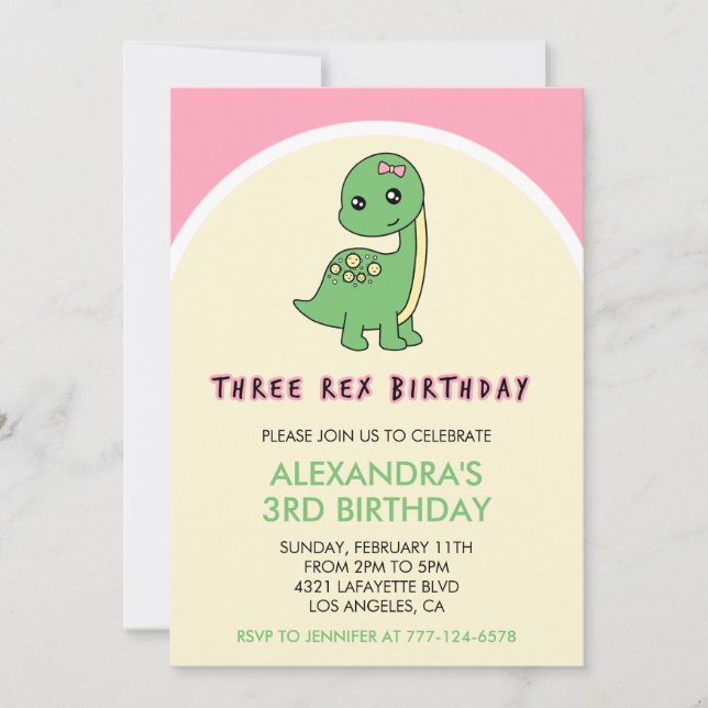 Trois rex invitation d'anniversaire fille dinosaur (Devant)