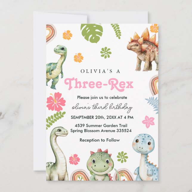 Trois Rex Invitation fille Dinosaur anniversaire (Devant)