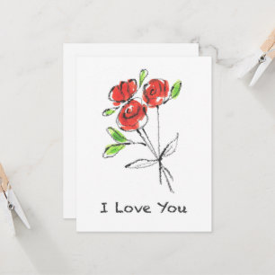 Trois Roses Rouges Bouquet "Je t'aime" Carte