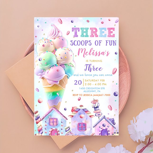 Trois Scoops de crème glacée amusante Invitation d (Créateur téléchargé)