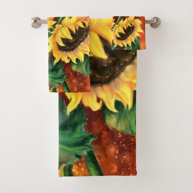 Trois Serviettes De Bain De Tournesols (En situation)