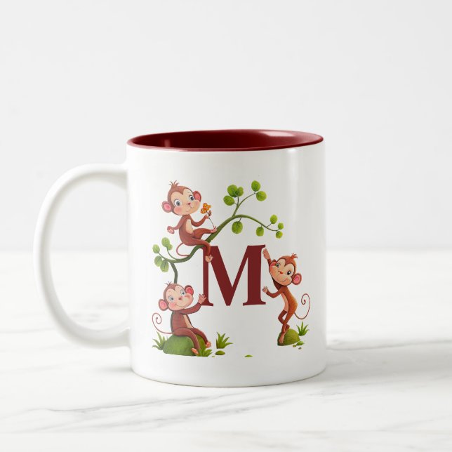 Trois singes mignons et mug à monogramme bordeaux (Gauche)