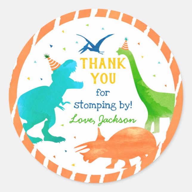 Trois Stickers Merci Anniversaire Rex Dinosaur (Devant)