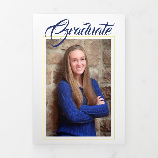 Trois Volets Bleu et jaune or Faire-part de graduation photo (Page de couverture)
