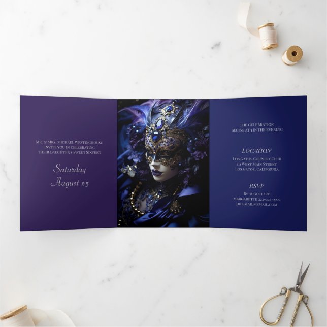 Trois Volets Blue Masquerade Sweet 16 Party Invitation (Intérieur)