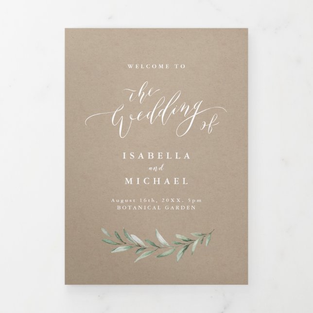 Trois Volets Calligraphie simple programme de mariage de verdur (Page de couverture)