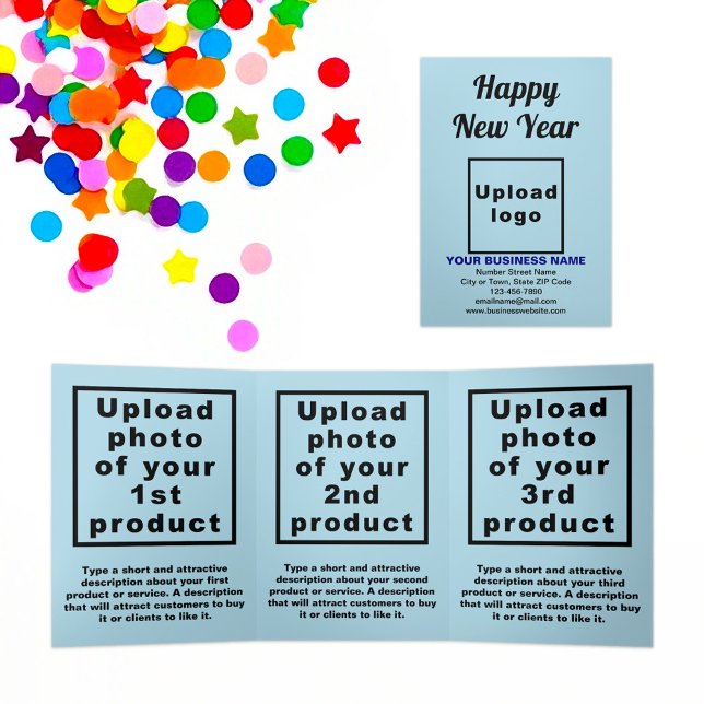 Trois Volets Carte Bleu clair pour le Nouvel An (New Year greeting, business brand and products on light blue trifold card)