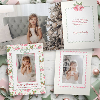 Trois Volets Carte de Noël à ruban coquette rose et vert avec p