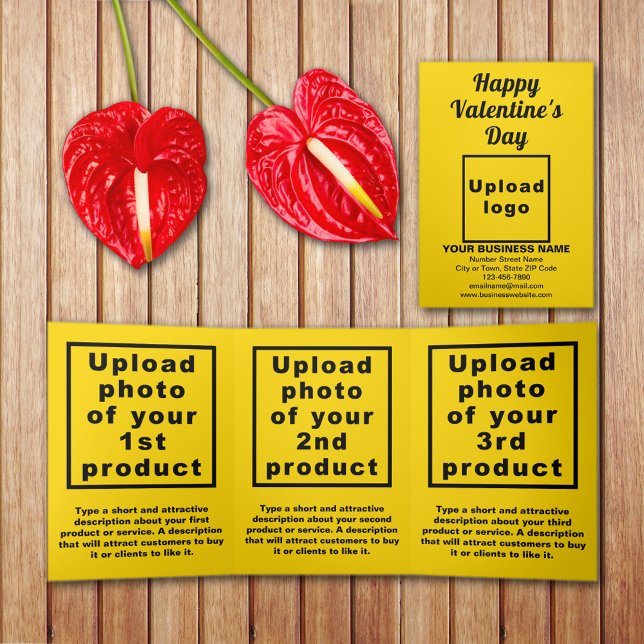 Trois Volets Carte de Saint-Valentin professionnelle jaune plié (Yellow Valentine trifold card with your business brand and products or services on table.)