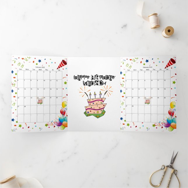 Trois Volets Carte Joyeux Anniversaire Février 2022 Calendrier  (Intérieur)