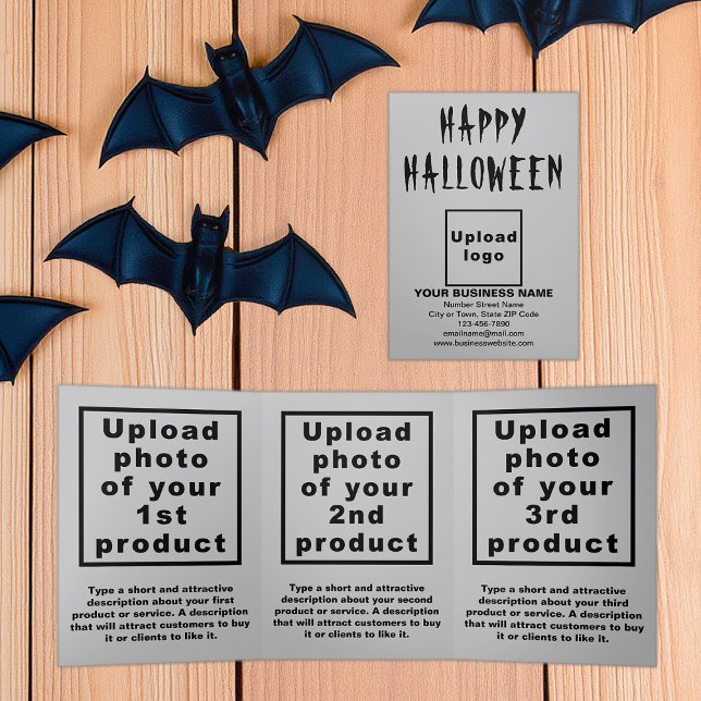 Trois Volets Carte triplée gris Halloween d'affaires (Business brand and products on gray Halloween trifold card)