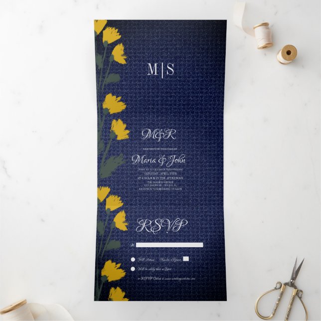 Trois Volets Denim & Fleurs sauvages Mariage Invitation Tri-Fol (Intérieur)