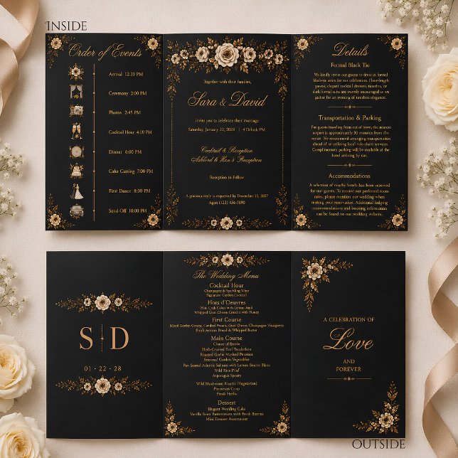 Trois Volets Élégant Invitation de Mariage Tri-Pliable Fleurie  (Elegant Black & Gold Floral Tri-Fold Wedding Invitation)