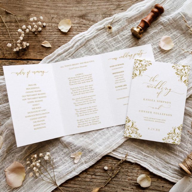 Trois Volets Élégant Livret de Programme de Mariage Triptyque e (Elegant tri-fold wedding programs in vintage gold)