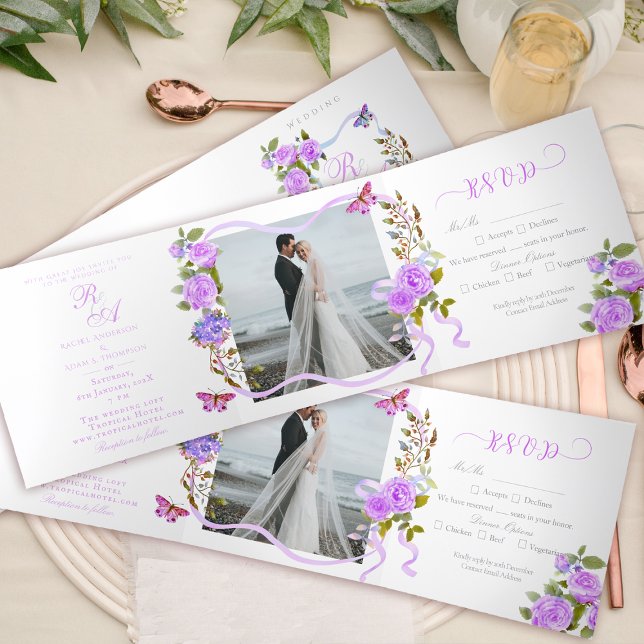 Trois Volets Faire-part de mariage de ruban violet Rose (Elegant Rose Ribbon Monogram Photo Invitation Card.)