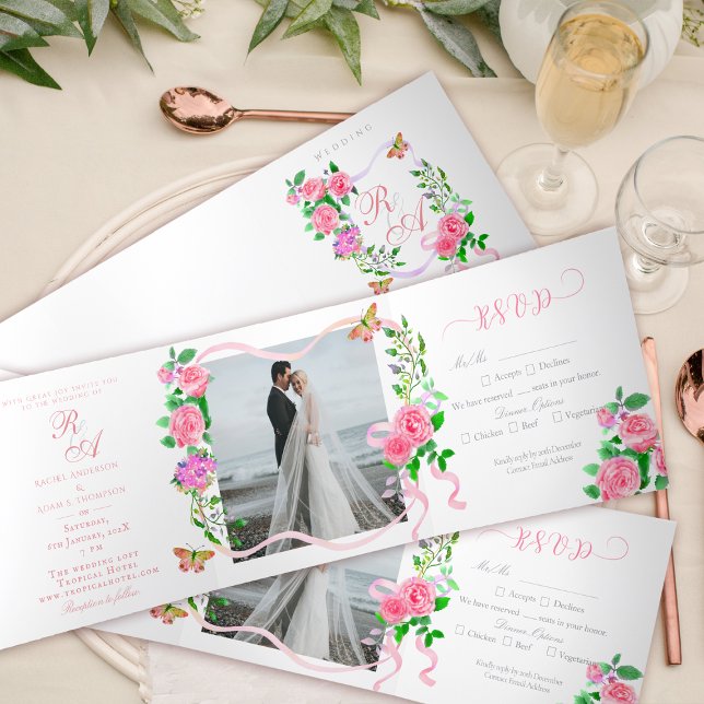 Trois Volets Faire-part de mariage Monogramme rose rose (Elegant Rose Ribbon Monogram Photo Invitation Card.)
