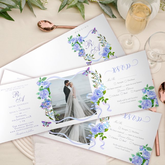 Trois Volets Faire-part de mariage photo du ruban bleu Rose (Elegant Rose Ribbon Monogram Photo Invitation Card.)