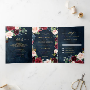 Trois Volets Faire-part de mariage trifold rouge Bourgogne Navy