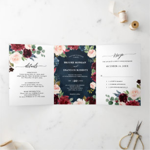 Trois Volets Faire-part de mariage trifold Rouge Bourgogne Navy
