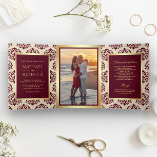 Trois Volets Faux papier doré Invitation de mariage en damas bo