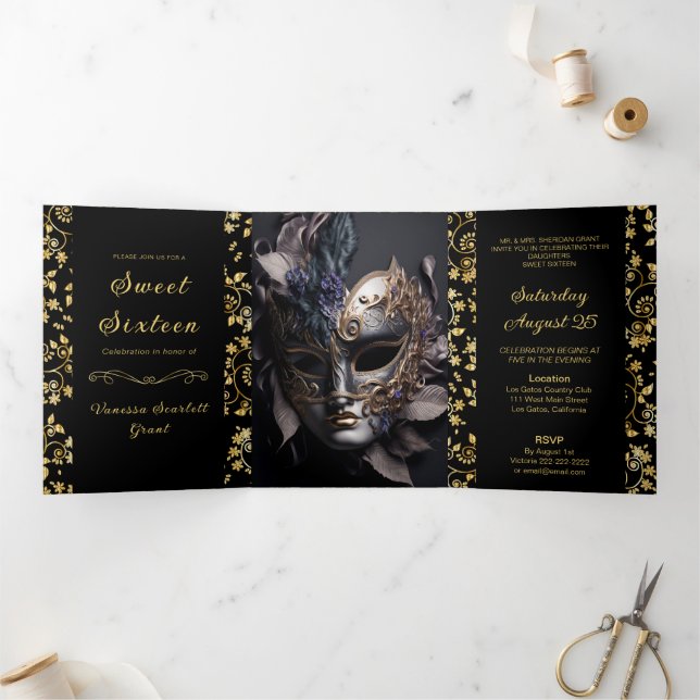 Trois Volets Golden Floral Masquerade Sweet 16 Party Invitation (Intérieur)
