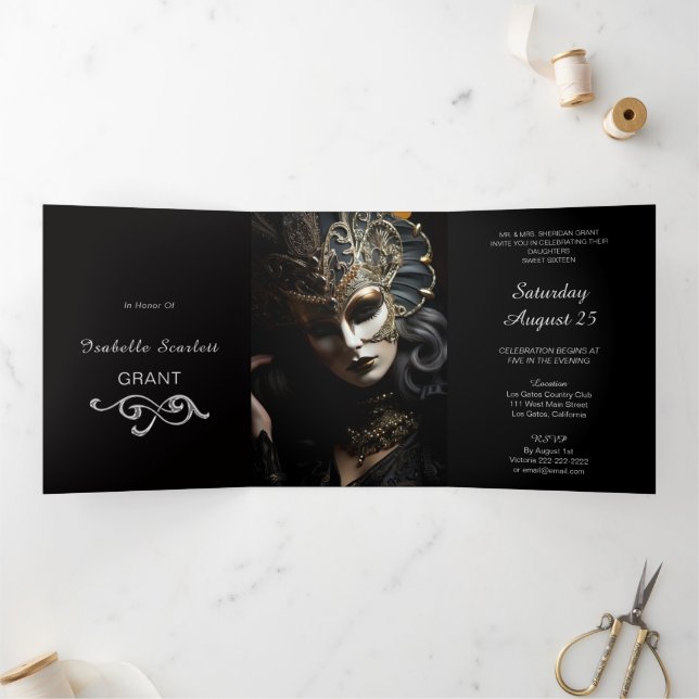Trois Volets Invitation de Chic Mis Quince Masquerade Party (Intérieur)