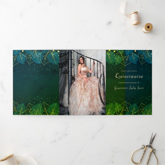 Trois Volets Invitation de la Quinceanera Feuille d'or (Extérieur)
