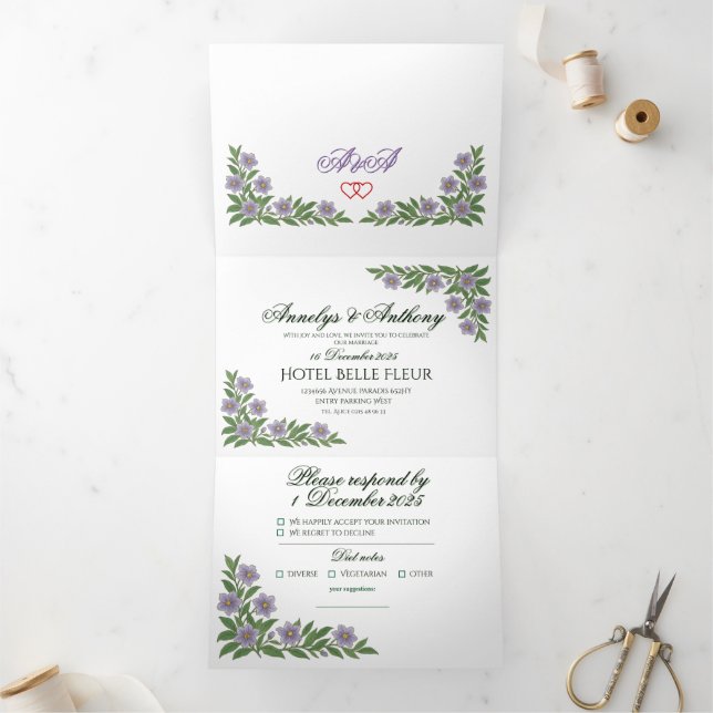Trois Volets Invitation de mariage florale magnifique (Intérieur)