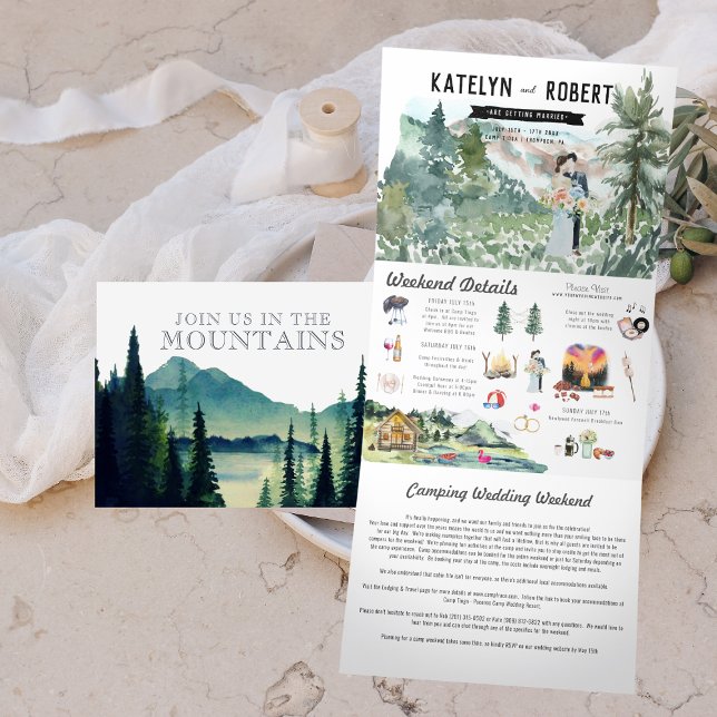 Trois Volets Invitation de mariage illustrée au bord d'un lac | (Créateur téléchargé)