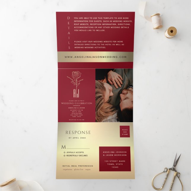 Trois Volets Invitation de mariage tri-pliée avec photo rouge e (Intérieur)