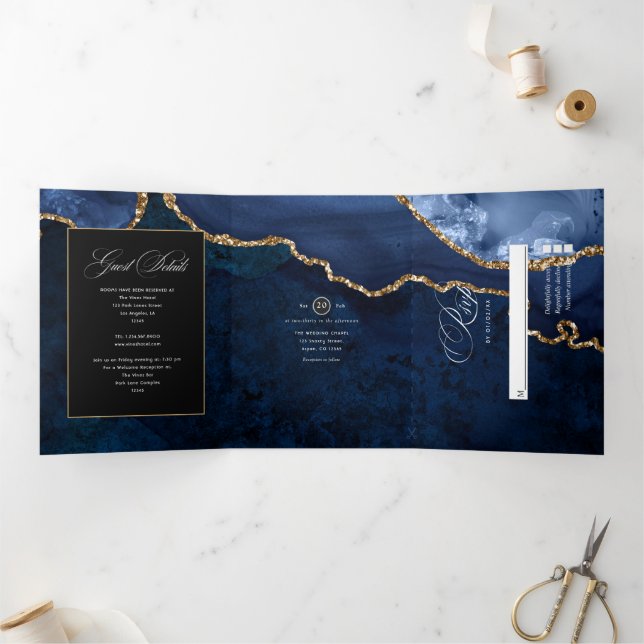Trois Volets Invitation de mariage triptyque en agate bleue et  (Intérieur)