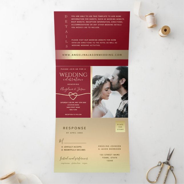 Trois Volets Invitation de mariage triptyque photo rouge et or (Intérieur)