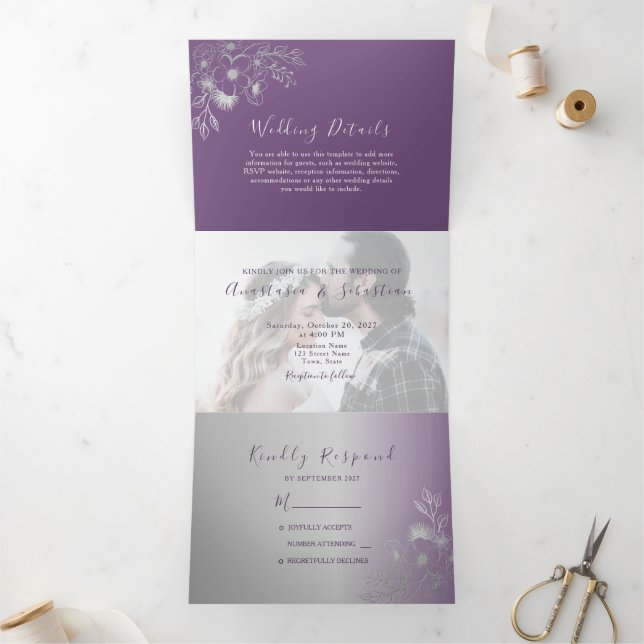 Trois Volets Invitation de mariage triptyque photo violet (Intérieur)
