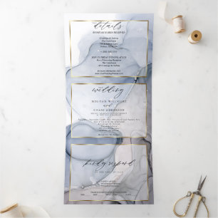 Trois Volets Invitation Triptyque Encre Abstraite Bleu Poussiér