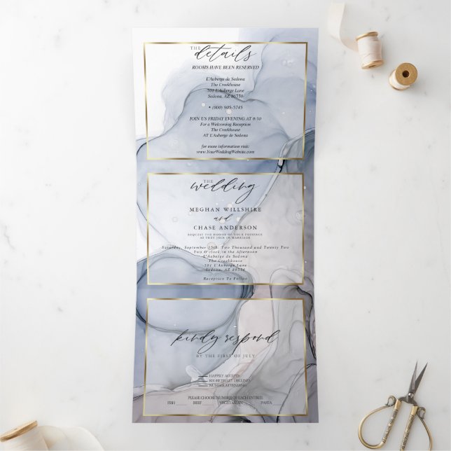 Trois Volets Invitation Triptyque Encre Abstraite Bleu Poussiér (Intérieur)
