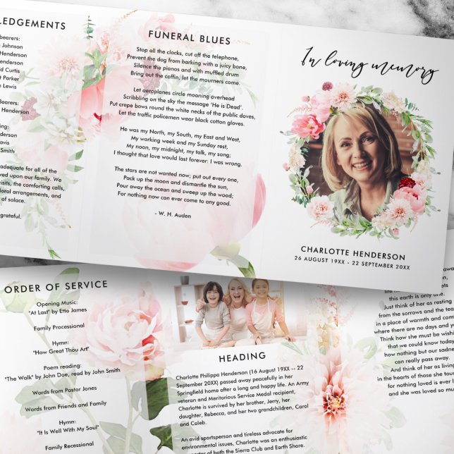 Trois Volets Jolies Pivoines Roses Programme de Funérailles Tri (Créateur téléchargé)