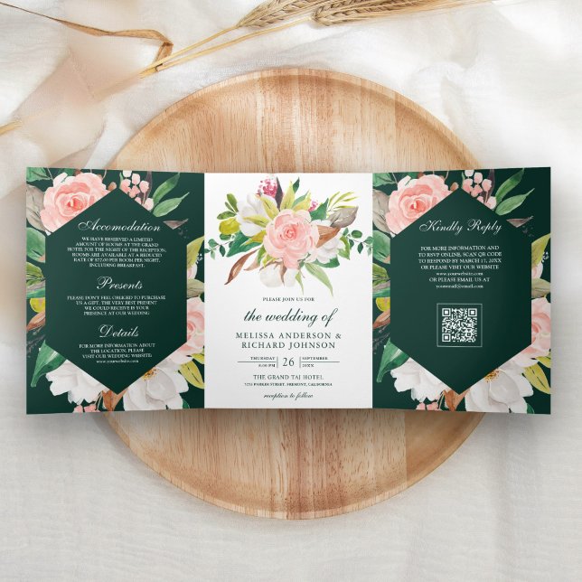Trois Volets Magnolia blanche Invitation de mariage à code QR é (Créateur téléchargé)