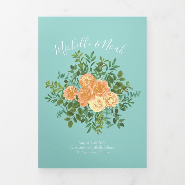 Trois Volets Peach & Aqua Peony & Rose Floral Wedding Programme (Page de couverture)