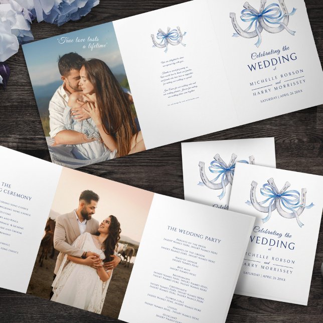 Trois Volets Programme de mariage Fers à Cheval Ruban bleu phot (Créateur téléchargé)
