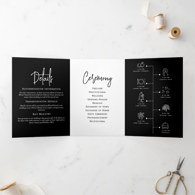 Trois Volets Programme de mariage minimal Noir et blanc Élégant (Intérieur)
