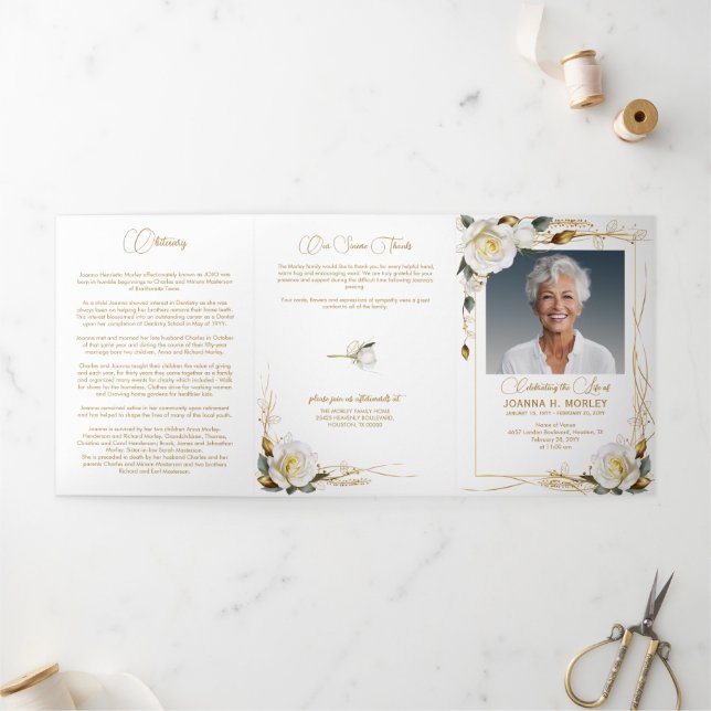 Trois Volets Rose & Gold Floral 6 Photo Poem Funeral Programme (Extérieur)