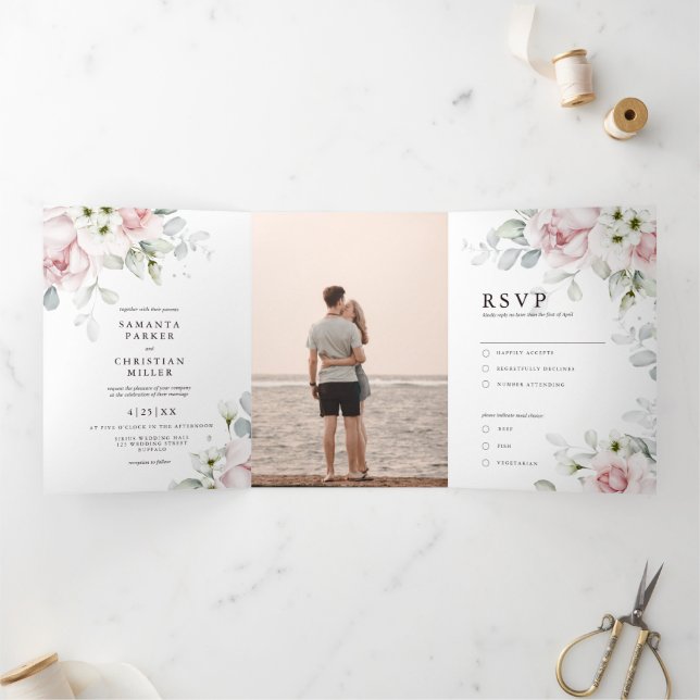 Trois Volets Roses floraux | Invitation mariage triplée (Intérieur)