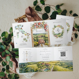 Trois Volets Toscane Italie Invitation de mariage illustrée