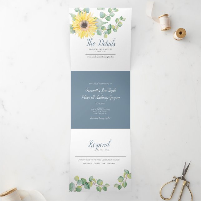 Trois Volets Tournesol et Eucalyptus Triplé Mariage Invitation (Intérieur)