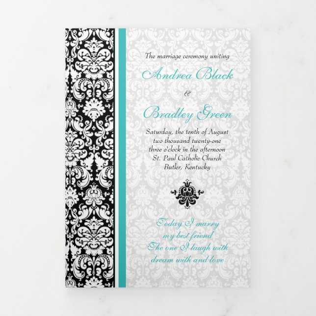 Trois Volets Turquoise Black Damask Tri-Fold Wedding Programme (Page de couverture)