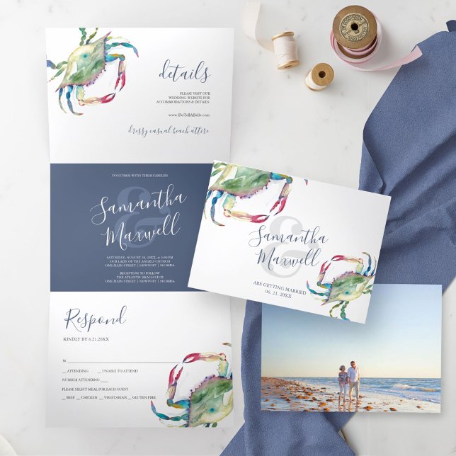 Trois Volets Watercolor Crab Trifold Beach Wedding Invitation (All in one beach wedding invitation features watercolor blue crab art by Victoria Grigaliunas)