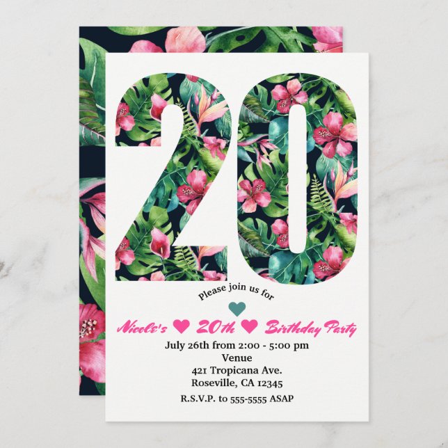 Tropical 20 20e Floral Anniversaire Invitation (Devant / Derrière)
