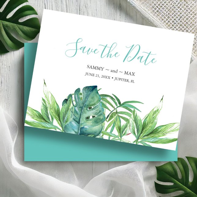 Tropical Aquarelle Faire-Part de Date de Mariage N (Save the dates watercolor tropical leaves destination weddings Victoria Grigaliunas DoTellABelle)
