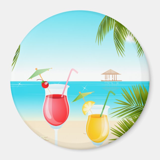 Tropical Beach Cocktail Round Magnet ! (Devant)
